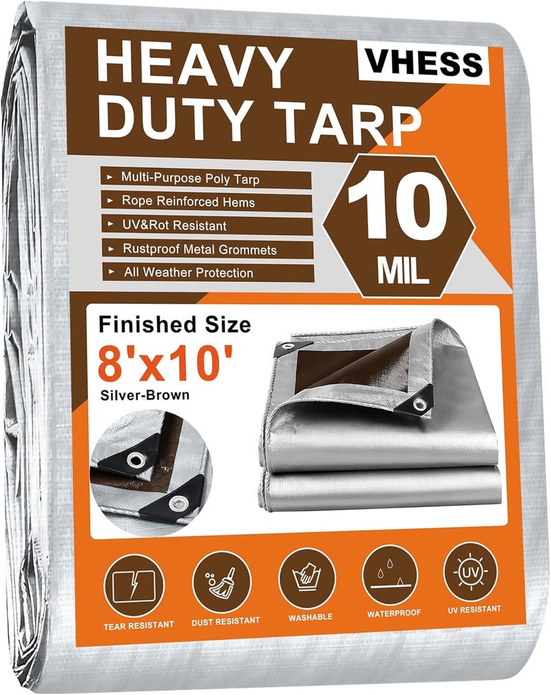 VHESS Tarps Heavy Duty Waterproof 8’ X 10’, 10 Mil Multipurpose Poly Tarp Cover, tarp Waterproof UV Resistant Tear&Fade Resistant, Outdoor Tarpaulin for Roof, Camping, Patio, Pool, Boat, Car - Image 1